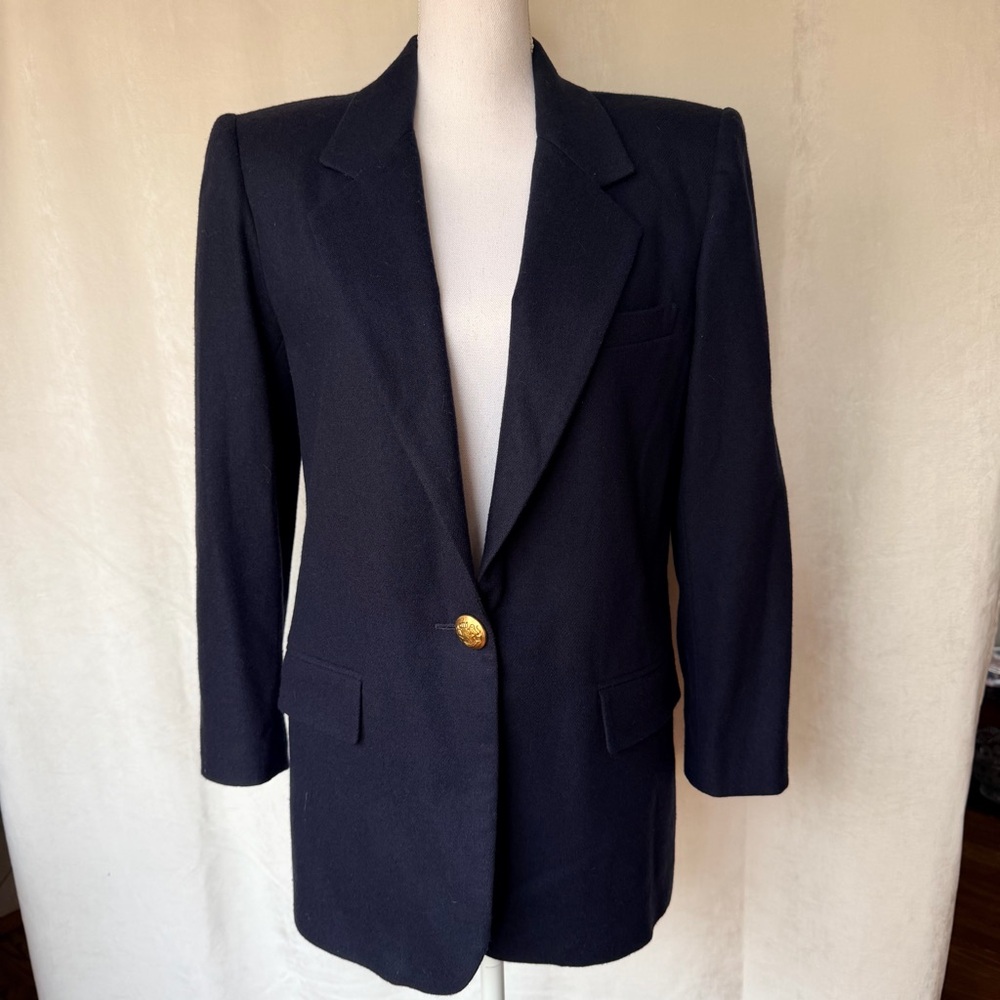 Vintage Jacqueline Ferrar Blazer Womens Navy One Button Wool Sz 8 - Business 90s
